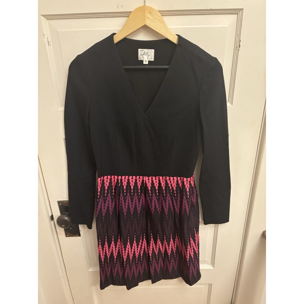 Milly Women's Black Pink V-Neck Silk Blend Mini Dress Long Sleeves Size 10